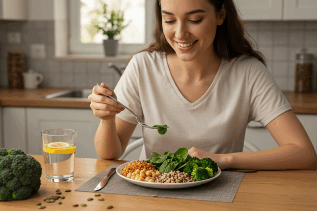 Mulher sorridente servindo refeição vegetariana rica em ferro para prevenir a anemia naturalmente.
