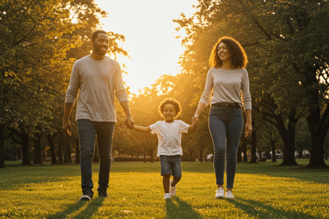 Familia caminando al aire libre al atardecer, símbolo de esperanza y una vida plena.